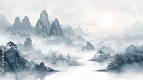 Fototapeta Naklejka Na Ścianę i Meble -  Elegant landscape depiction of misty mountains and a winding river in Chinese ink painting art