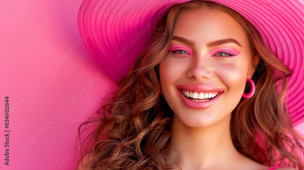 Fototapeta premium A woman in a pink hat and pink dress smiles at the camera