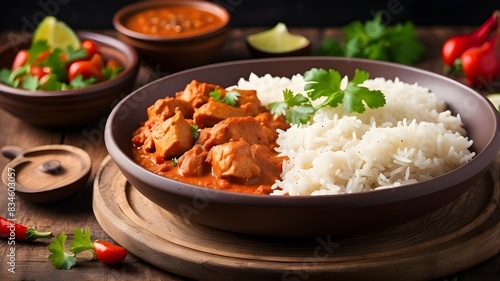 Chicken tikka masala spicy curry meat food with rice in a clay plate