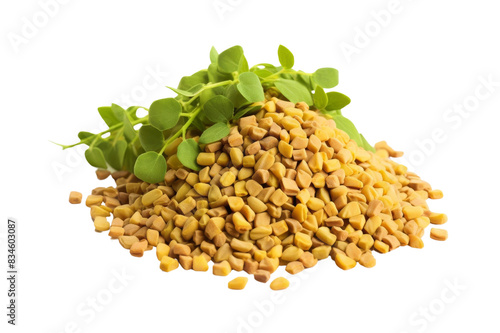 A pile of fenugreek seeds with fresh fenugreek leaves on a white background, showcasing natural herbal ingredients and culinary spices. photo