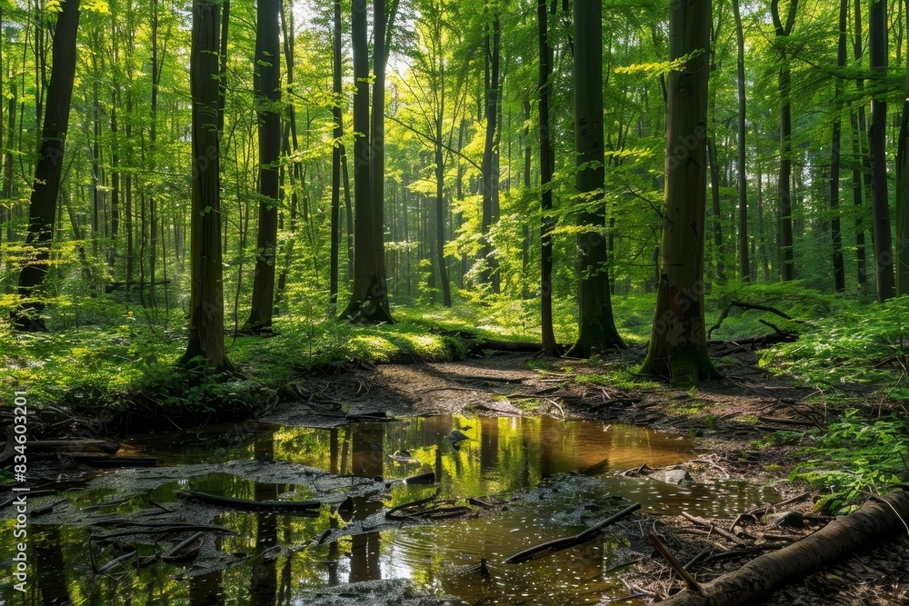 Obraz premium A serene forest scene with tall trees, lush greenery, and a small stream running through the middle. The sunlight filters through the leaves, creating dappled patterns on the forest floor.