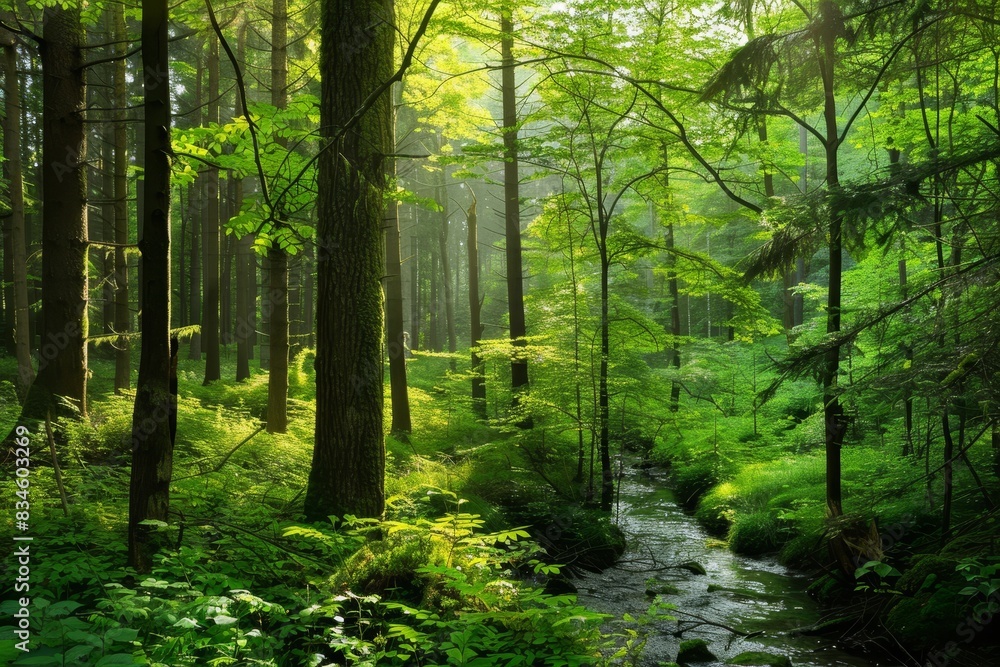 Fototapeta premium A serene forest scene with tall trees, lush greenery, and a small stream running through the middle. The sunlight filters through the leaves, creating dappled patterns on the forest floor.