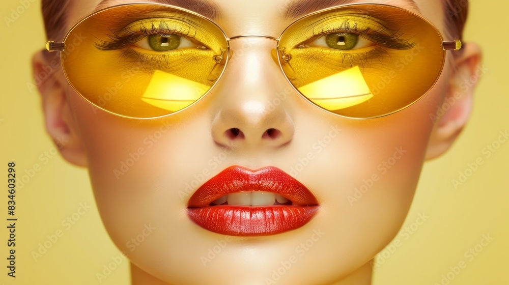 yellow glasses, red lipstick on table, yellow backdrop yellow glasses, red lipstick on table, yellow backdrop