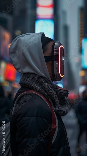A stylish personal air purifier worn discreetly around the neck in a bustling city © SadiGrapher
