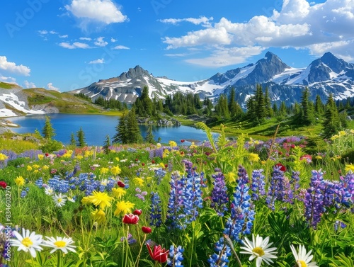 A picturesque mountain landscape with snow-capped peaks, a crystal-clear lake, and a field of colorful wildflowers in the foreground. The sky is a vibrant blue with a few fluffy clouds.