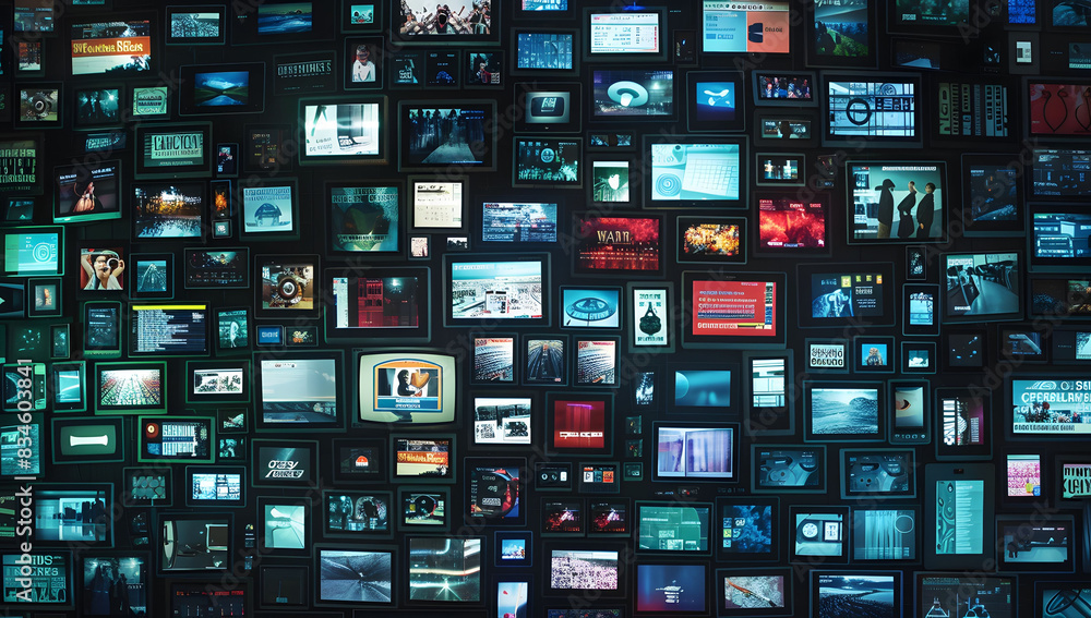 Abstract dynamic background of digital screens displaying news and media, symbolizing growth in online video and streaming services. Ideal for illustrating technology, media, or advertising concepts. Abstract dynamic background of digital screens displaying news and media, symbolizing growth in online video and streaming services. Ideal for illustrating technology, media, or advertising concepts.