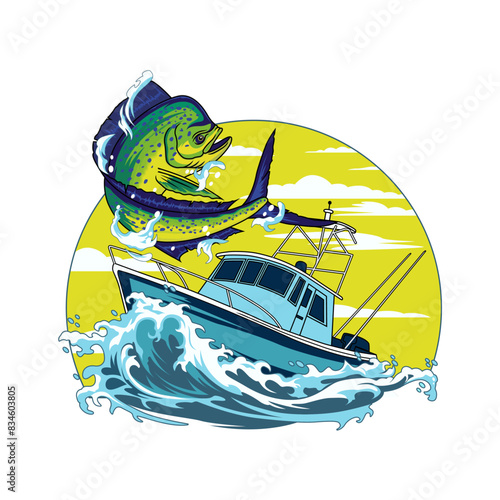 mahimahi dorado boat fishing illustration logo vector image t shirt