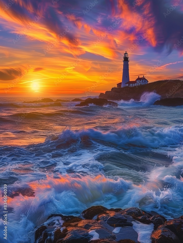 A vibrant sunset over the ocean, with waves crashing against the rocky shore and the sky ablaze with colors of orange, pink, and purple. A lighthouse stands tall in the distance, guiding ships safely