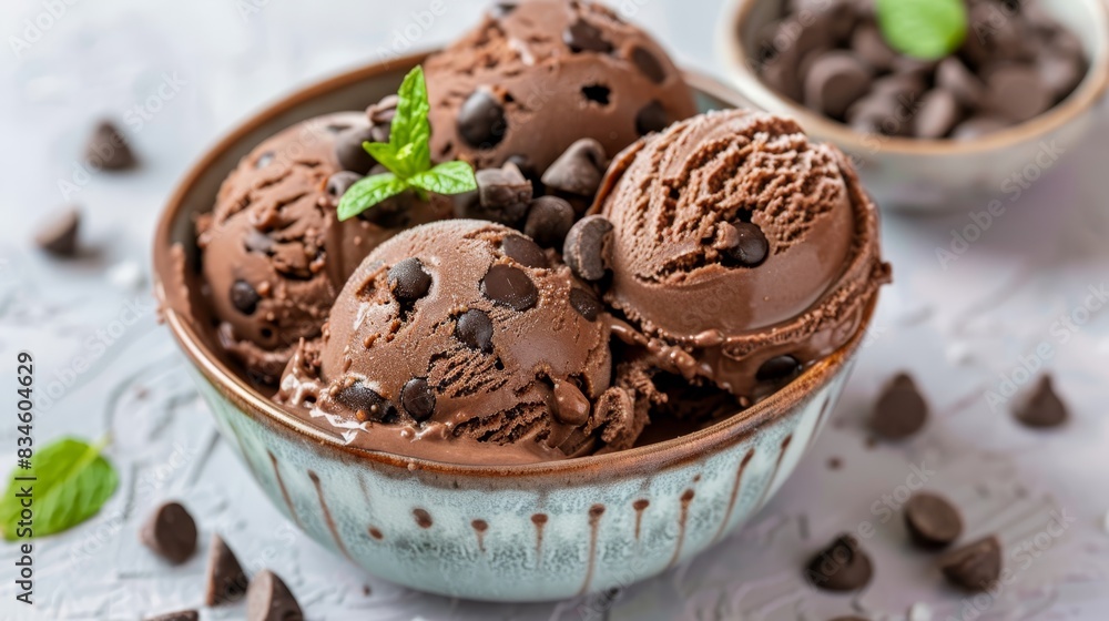one filled with chocolate ice cream, the other with chocolate chips and ice cream A mint spring graces the scene one filled with chocolate ice cream, the other with chocolate chips and ice cream A mint spring graces the scene