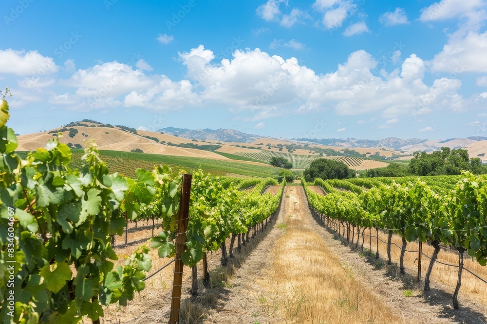 Obraz premium A picturesque vineyard with rows of grapevines, rolling hills in the background, and a bright blue sky. The grapes are ripe and ready for harvest, creating a scene of abundance and beauty.