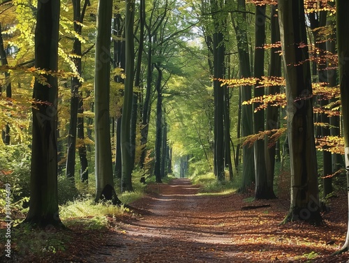 A serene forest path with tall trees on either side  dappled sunlight filtering through the leaves  and a carpet of fallen leaves on the ground. The path leads into the distance  inviting exploration.