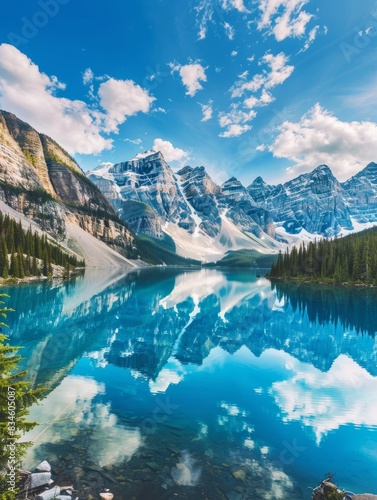 A scenic mountain lake with clear blue water, surrounded by evergreen trees and snow-capped peaks. The reflection of the mountains in the water creates a perfect mirror image.