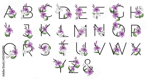Lilly blossom purple flower alphabet for design of card or invitation. Vector floral letter illustrations, isolated on white background for wedding