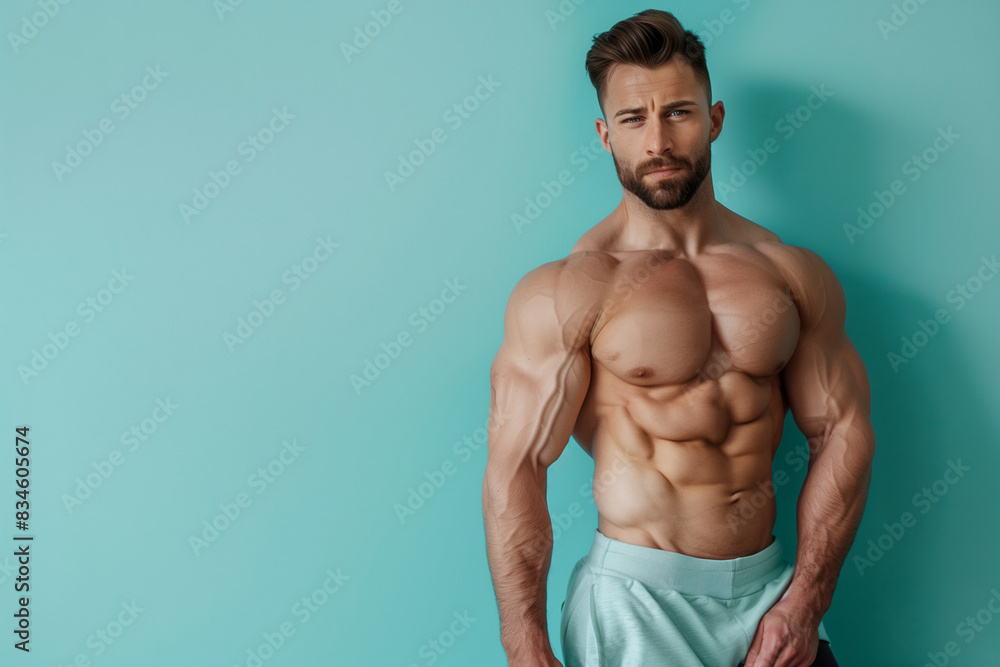 A muscular man stands in front of a blue wall. He is posing for a picture, and his chest is showing A muscular man stands in front of a blue wall. He is posing for a picture, and his chest is showing
