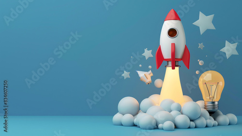 Rocket taking off and a light bulb, on a blue background, 3D cartoon style. Business startup and business growth concept