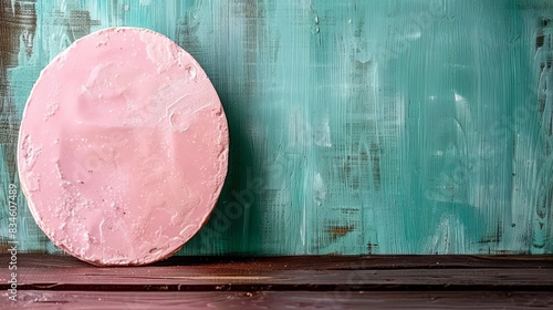  A pink artwork sits atop a wooden floor The surrounding wall is painted green and teal, and the floor beneath features a wooden plank surface