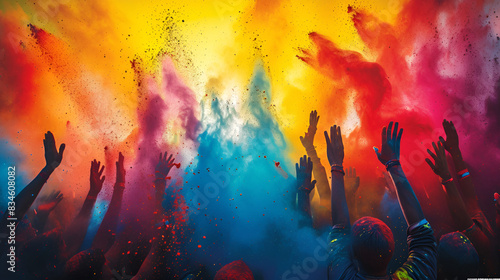 Colorful Holi festival celebration with people raising their hands in the air, expressing joy and enthusiasm.