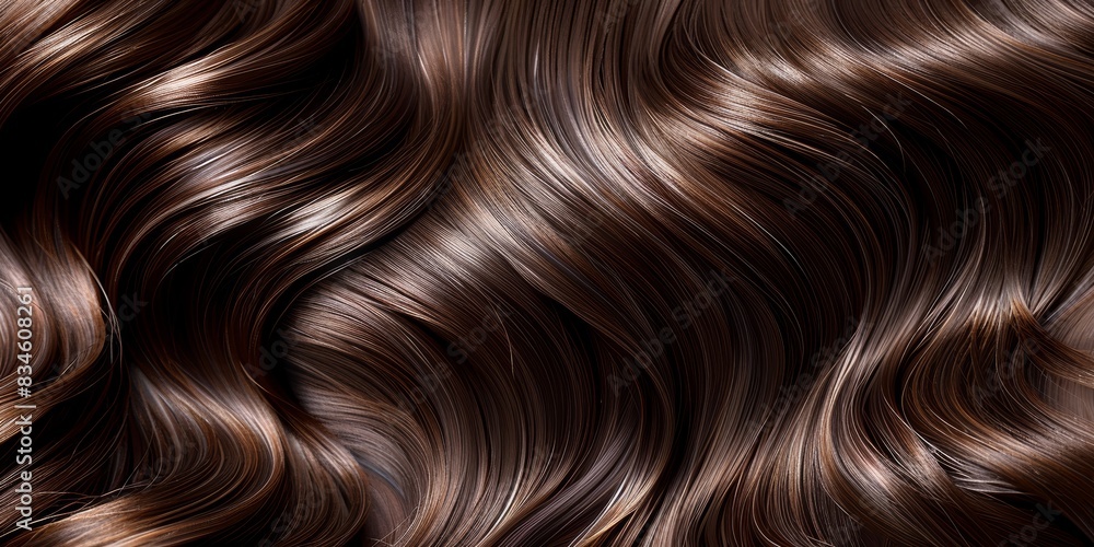 A closeup of wavy, rich brown hair, each strand detailed and shining with a vibrant luster A closeup of wavy, rich brown hair, each strand detailed and shining with a vibrant luster