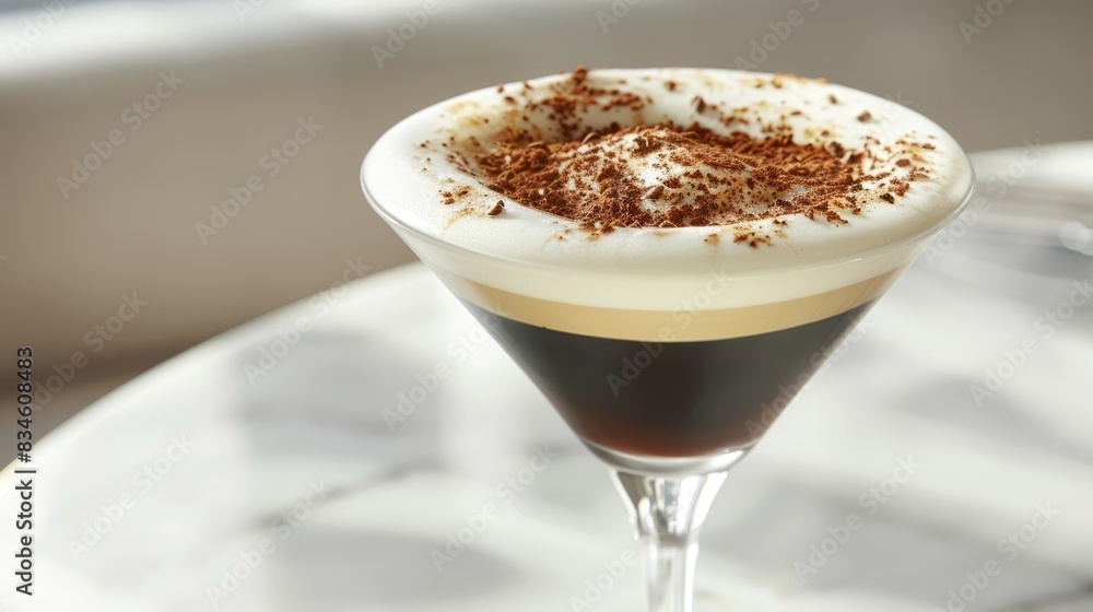  A close-up of a drink in a glass on a white marble table, featuring a black and white marbled table top