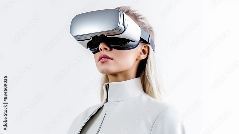 A young woman wearing a modern virtual reality headset and a sleek white outfit stands against a plain background highlighting cutting-edge technology and fashion. A young woman wearing a modern virtual reality headset and a sleek white outfit stands against a plain background highlighting cutting-edge technology and fashion.