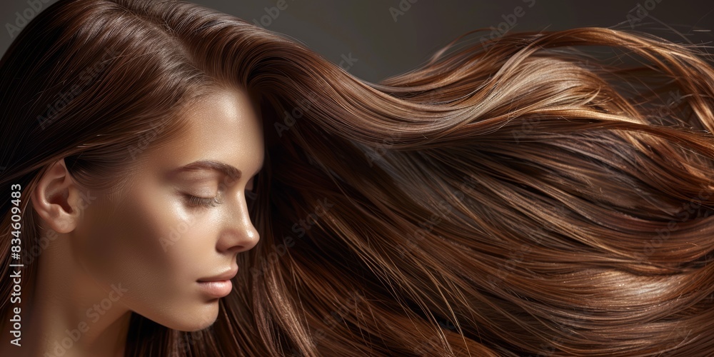 A closeup of flowing brown hair, each strand catching the light with a natural shine A closeup of flowing brown hair, each strand catching the light with a natural shine
