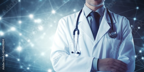 Doctor with stethoscope and white icon medical on hospital background