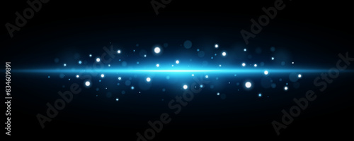 Abstract explosion on the horizon into space with glowing particles isolated on black background. Big blue beam with sparks. Light effect. Vector illustration.