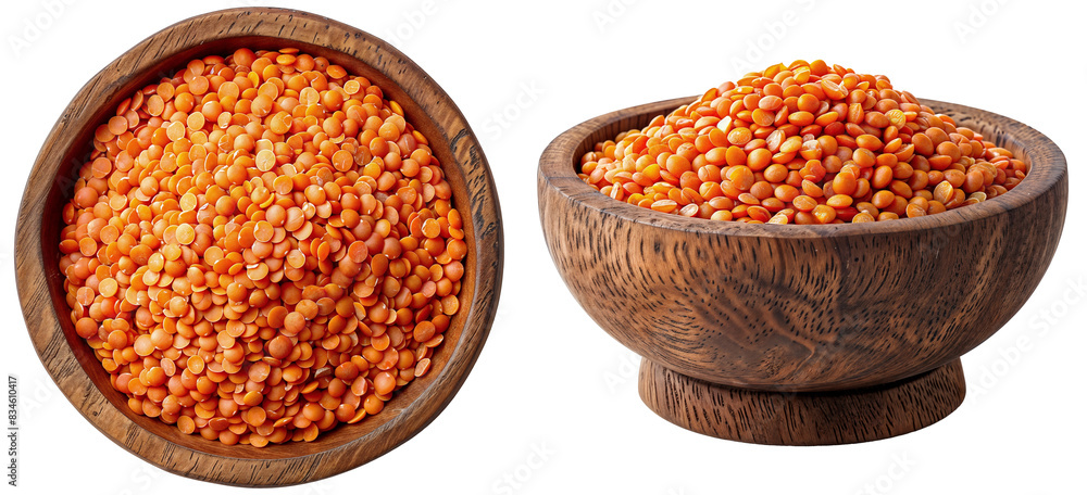 Red lentils heap in a wooden bowl isolated on a transparent background Red lentils heap in a wooden bowl isolated on a transparent background