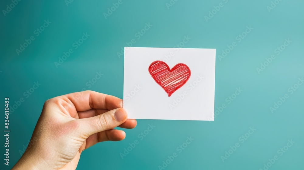 A hand holding a small white card with a red heart drawn on it A hand holding a small white card with a red heart drawn on it