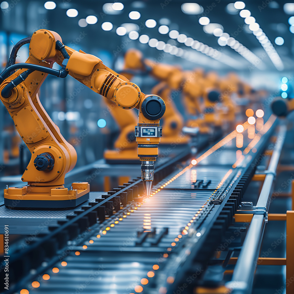 Image of automated assembly line. Robotic arms are involved in manufacturing or assembling products. This indicates modern and efficient industrial computer interface and manufacturing process monitor Image of automated assembly line. Robotic arms are involved in manufacturing or assembling products. This indicates modern and efficient industrial computer interface and manufacturing process monitor
