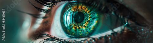 close up of a blue eye, intense gaze, created with generative AI technology photo