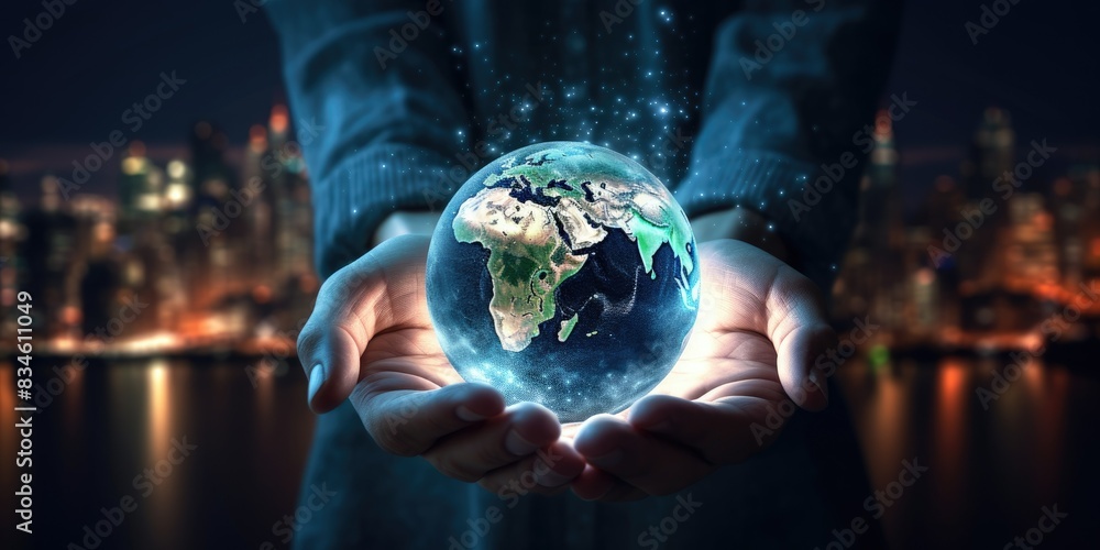 Fototapeta premium Earth at night was holding in human hand, Earth day, Energy saving concept,