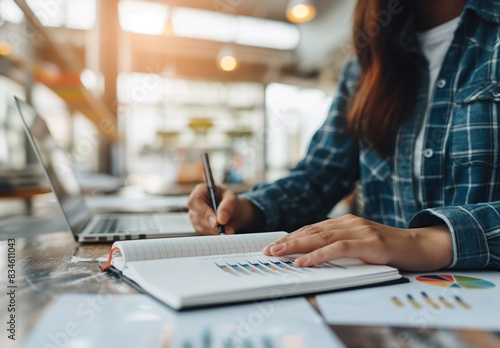 Fototapeta Naklejka Na Ścianę i Meble -  A person writing in an open notebook