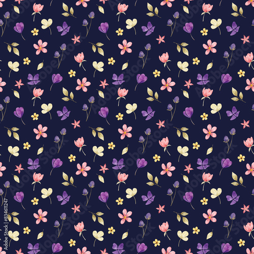Seamless pattern with watercolor flowers and leaves, repeat floral texture, background hand drawing. Perfectly for wrapping paper, wallpaper, fabric, texture and other printing.