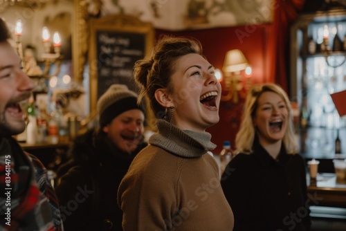 Cheerful young woman laughing and looking at the camera in a pub
