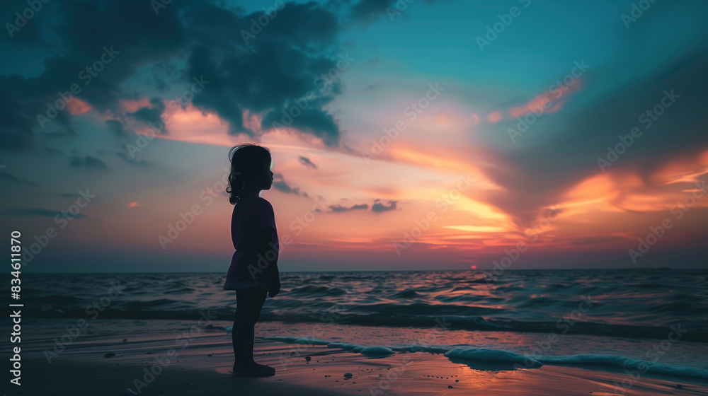 Silhouette of a little girl standing alone on the beach, gazing at the dramatic and colorful sunset over the ocean, evoking a sense of solitude and wonder Silhouette of a little girl standing alone on the beach, gazing at the dramatic and colorful sunset over the ocean, evoking a sense of solitude and wonder