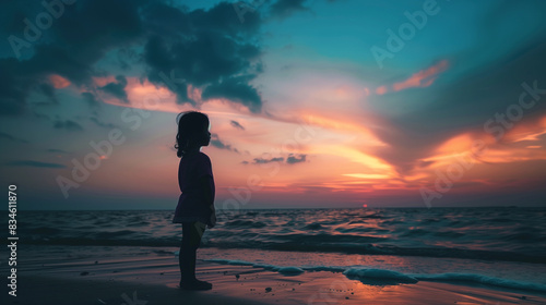 Silhouette of a little girl standing alone on the beach, gazing at the dramatic and colorful sunset over the ocean, evoking a sense of solitude and wonder