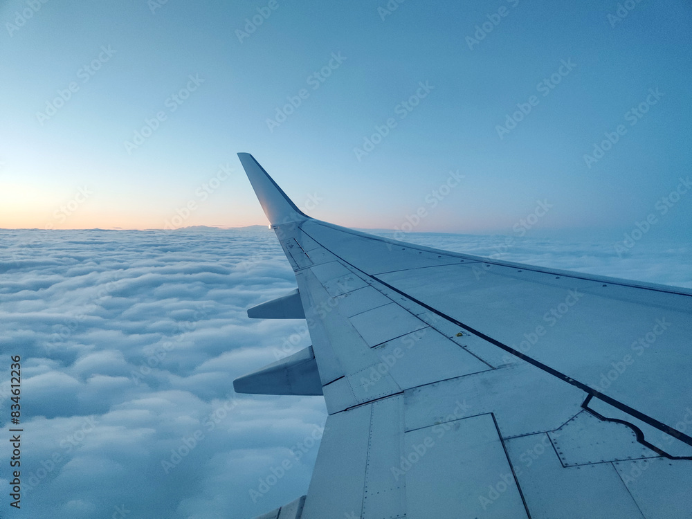 Fototapeta premium clouds and wing of the airplane seen from the window