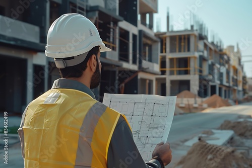 Arab Saudi man architect holding a floor plan blueprint with a house under construction in the background.