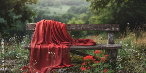 A beautiful red fabric resting on a rustic wooden bench, surrounded by the tranquility of rural nature photo