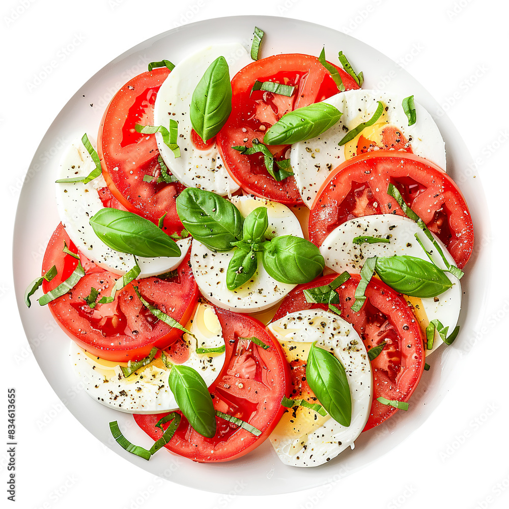 Caprese Salad with Fresh Tomatoes, Mozzarella, Basil, and Olive Oil on White Plate, Top View
Caprese Salad with Fresh Tomatoes, Mozzarella, Basil, and Olive Oil on White Plate, Top View