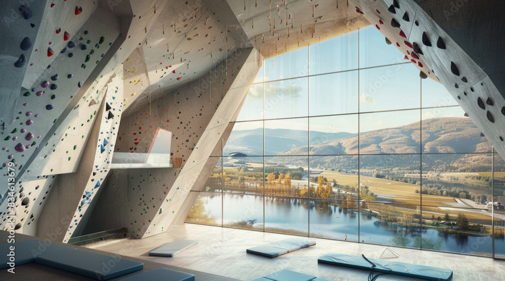 top view, a big modern climbing center gym, concret facade, hiking trails on the roof, large window, mountain style, lake, midday, summer, hills top view, a big modern climbing center gym, concret facade, hiking trails on the roof, large window, mountain style, lake, midday, summer, hills