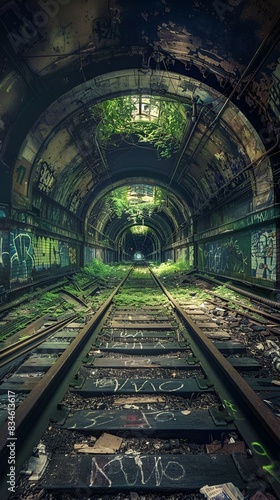 Abandoned Underground Railway Tunnel with Graffiti and Overgrowth
