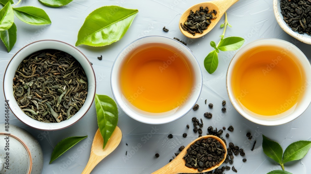 A table bears three cups of tea and two wooden spoons, one loaded with green leaves, the other empty A fourth cup of tea rests atop the white surface, nearby A table bears three cups of tea and two wooden spoons, one loaded with green leaves, the other empty A fourth cup of tea rests atop the white surface, nearby