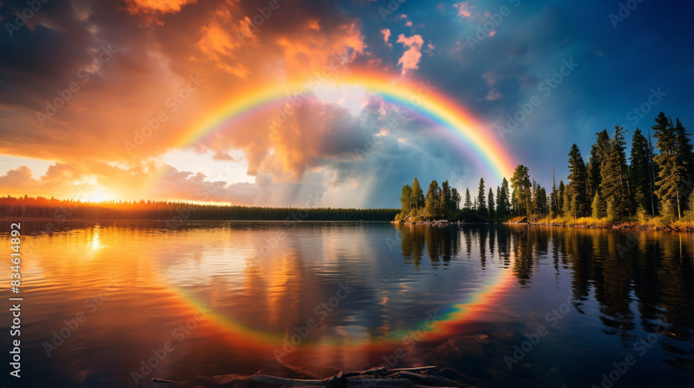 Beautiful photo of a lake with a surrounding forest and a colorful rainbow arching across a bright blue sky. The serene landscape captures the vibrant natural elements in harmony Beautiful photo of a lake with a surrounding forest and a colorful rainbow arching across a bright blue sky. The serene landscape captures the vibrant natural elements in harmony