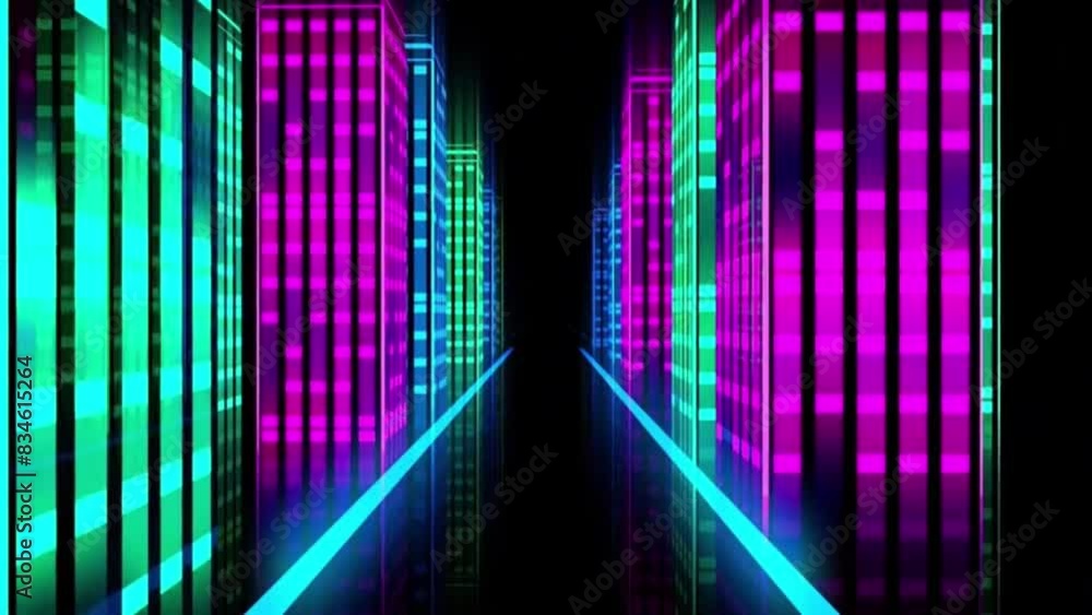 Abstract neon background with defocus at the edges. Neon lines with colorful light move in space. Reflection. Futuristic background