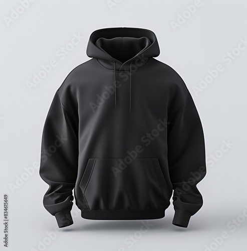 This black hoodie is a versatile piece of clothing that can be dressed up or down. It is shown here on a white background, but it would also look great paired with jeans, shorts, or a skirt. 