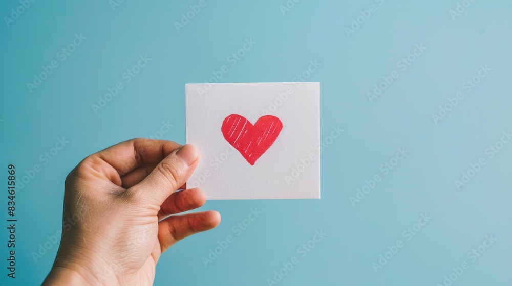 A hand holding a small white card with a red heart drawn on it A hand holding a small white card with a red heart drawn on it