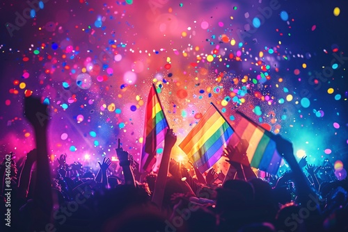 Pride Month celebration poster, vibrant rainbow colors, joyful crowd, waving LGBTQ flags, festive atmosphere, inclusive and diverse