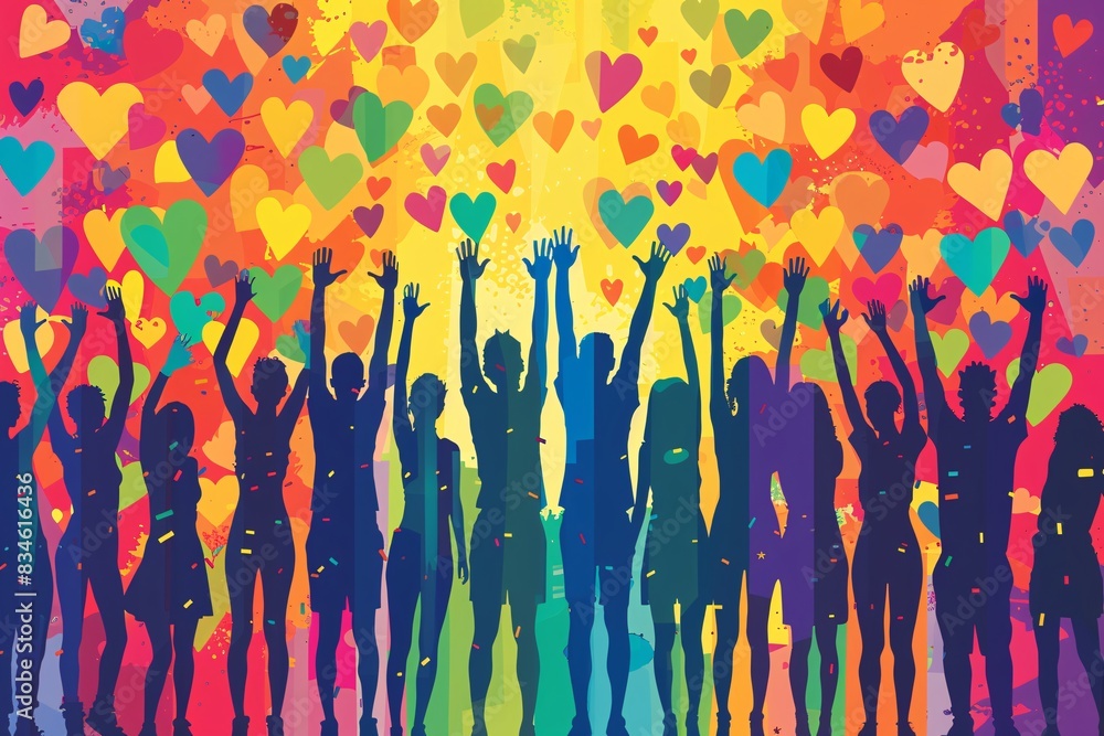 Obraz premium Poster design for Pride Month celebration, vibrant colors, inclusive and diverse representation of LGBTQ community, strong emphasis on unity and rights